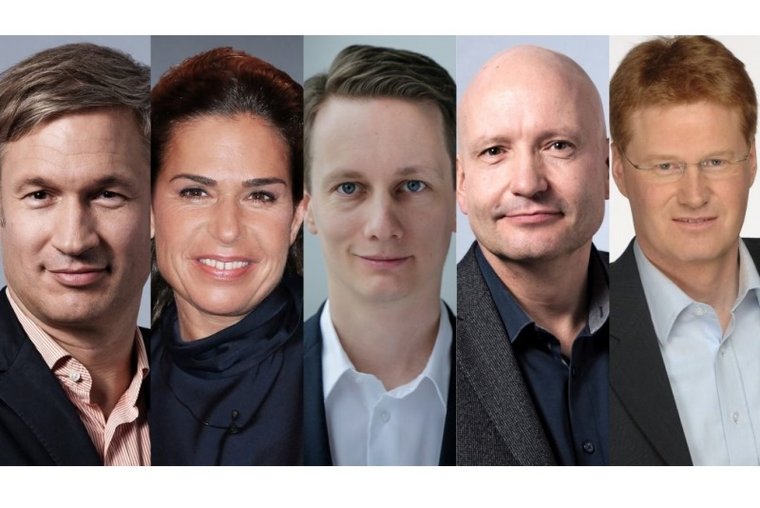 Die Chefredaktion der WELT-Gruppe (v.l.): Ulf Poschardt, Dagmar Rosenfeld, Johannes Boie, Oliver Michalsky, Arne Teetz