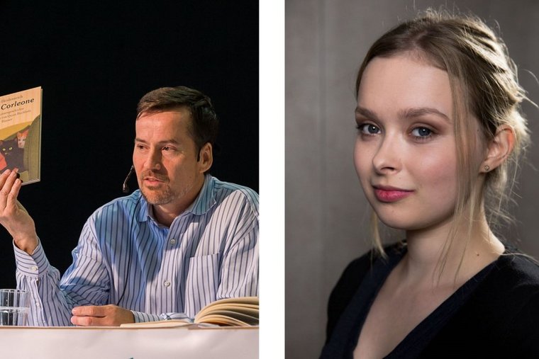 VDZ-Hauptgeschäftsführer Stephan Scherzer liest zusammen mit YouTuberin Lisa-Sophie Laurent vor (© Dennis Lobert/Studio71)