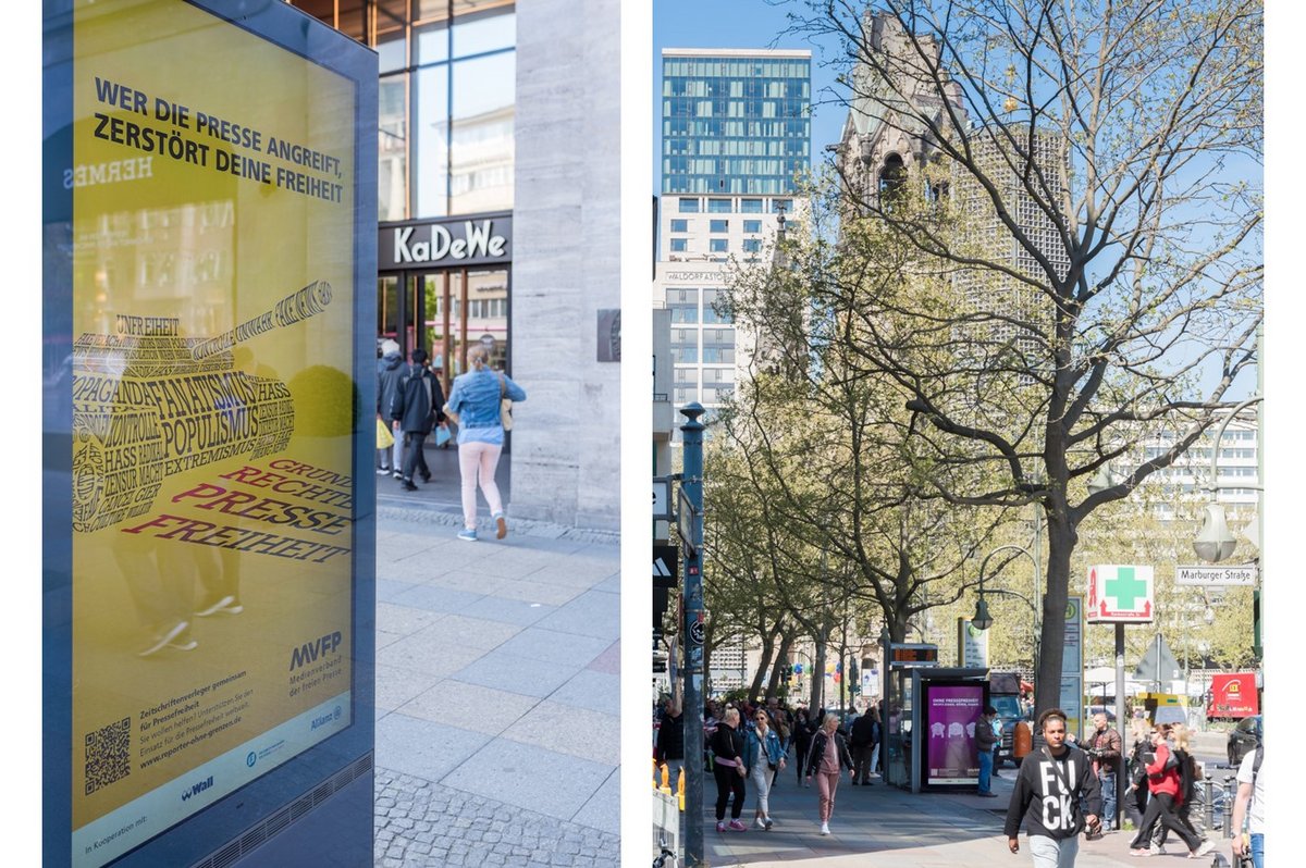 Wall zeigt die neuen Motive der Pressefreiheitskampagne des MVFP zwei Wochen lang bundesweit an rund 350 Flächen | Berlin (Foto: Sandwichpicker/ Ole Bader)