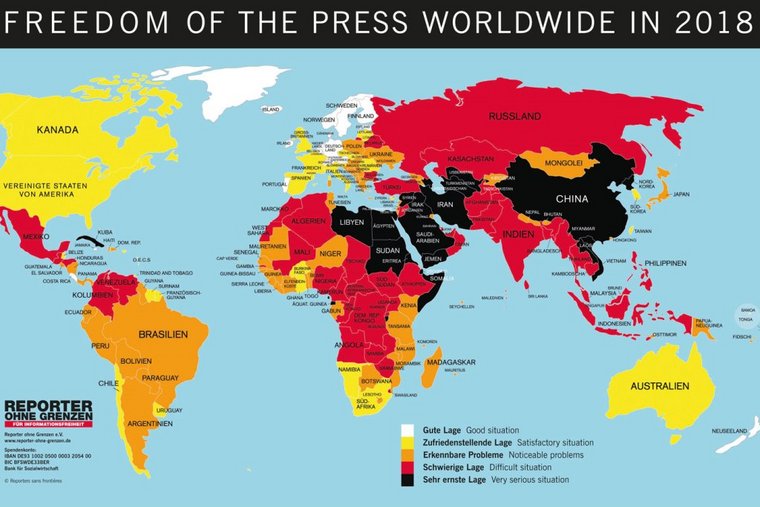 Weltkarte der Pressefreiheit 2018 (© Reporter ohne Grenzen)